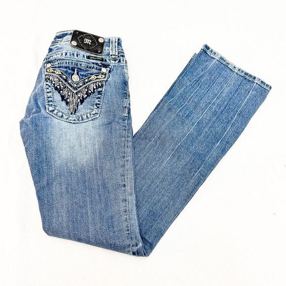Miss Me Western Boot Cut Denim Jeans Feather Embellished Detail Size 28 - Picture 8 of 9
